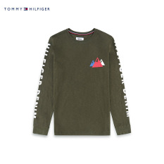 Tommy Jeans-Dm0dm03073nw Karakter Katun Leher Bulat Lengan Panjang Kaos (Hijau Gelap 376)