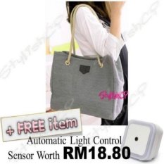 Tingkat Teratas Fashion Tangan Kanvas Tas Belanja untuk Wanita Single Canvas Shoulder Bag Women Pure Color Handbag (Grey) + FREE Lampu Otomatis Sensor Kontrol-Intl
