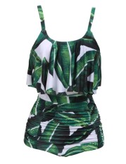 TOP SALE Women's Spaghetti Strap Ruffles Print Ruched High Waist Bikini Set Swimsuit (Green) - intl