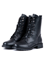 Peringkat Teratas Wanita Pu Gugur Musim Dingin Sepatu Bot Tentara Militer Keren Tung Ksatria Tali Sepatu Boots Pendek (HITAM)