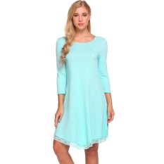 Toprank Finejo Wanita Kasual Leher Bulat Renda Warna Polos Kaus Tunik Gaun (Putih)-Internasional