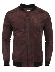 Toprank Pria Berdiri Kerah Zip Up Patchwork Faux Suede Kasual Bomber Jaket W/Saku (Coklat)-Intl
