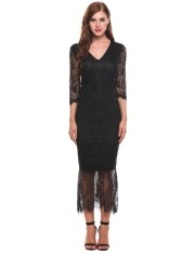 Toprank Baru Wanita Kasual V-Neck Lengan Tiga Perempat Floral Putri Duyung Renda Hem Maxi Dress (Hitam)-Intl