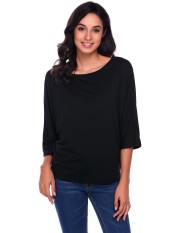Toprank Women Casual Solid Leher O Loose Fit Pullover Berwarna Kuning Eye Baju Dolman Atas Sweater (Hitam)-Intl