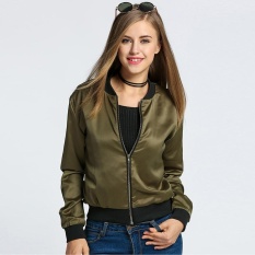 Toprank Modis Wanita Retro Berdiri Kerah Panjang Lengan Risleting Hingga Polos Pembom Jaket (Hijau Tentara)-Internasional