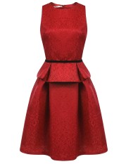 Toprank Women Fashion Dua Piece Set Tanpa Lengan Baju Peplum dan Pleated Rok Pesta Malam Memakai (Merah)-Intl
