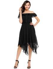 Toprank Wanita Tanpa Lengan dari Bahu Ruffles Sifon Baju Hem Asimetris Beach Party (Hitam)-Intl