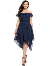 Toprank Wanita Tanpa Lengan dari Bahu Ruffles Sifon Baju Hem Asimetris Beach Party (Navy Blue)-Intl