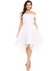 Toprank Wanita Tanpa Lengan dari Bahu Ruffles Sifon Baju Hem Asimetris Beach Party (Putih)-Intl