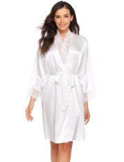 Toprank Wanita V-Neck Renda Perca Kimono Jubah Satin Gaun Tidur Sleepwear Gaun dengan Belt Gaun (Putih)-Intl