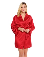 Toprank Satin Kimono Jubah Lengan Panjang Polos Belted Gaun Tidur Plus Ukuran (Mahogany)-Internasional