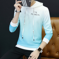 Pemuda Kaos Sweater Musim Gugur Pria Baju Musim Gugur Tren Warna Gradient (Gradient Udara Biru Berkerudung)