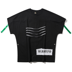 Trendi Eropa atau Amerika Serikat Pita Tarian Lengan Bang Pendek Kaos Baju Kaos (Hitam)