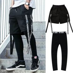 Trendi Hiphop Pria Dan Wanita Hip Hop Seolah-olah Dua Potongan Musim Gugur Legging Celana Pendek (8338 Keputihan + Hitam Polos Legging)