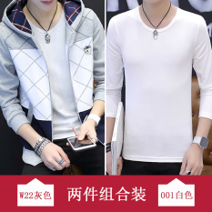 Trendi Korea Gaya Busana Pria Siswa Sekolah Menengah Baru Kebugaran Jas Bagian Tipis Kaos Sweater (W22 Abu-abu + Lengan Panjang Baju Kaos)