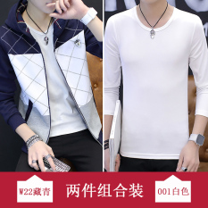 Trendi Korea Gaya Busana Pria Siswa Sekolah Menengah Baru Kebugaran Jas Bagian Tipis Kaos Sweater (W22 Biru Tua + lengan Panjang Baju Kaos)