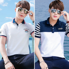 Trendi Pria Kerah V Ramping Kerah Turndown Lengan Pendek Kemeja Polo Kaos (18112 Putih 18100 Safir Biru Putih)