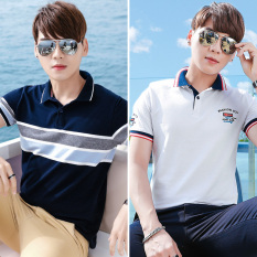 Trendi Pria Kerah V Ramping Kerah Turndown Lengan Pendek Kemeja Polo Kaos (18128 Safir Biru 18112 Putih)