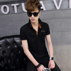 Trendi Pria Korea Modis Gaya Warna Polos Ramping Ukuran Besar Baju Kaos Pria Kerah Turndown Lengan Pendek Kaus (HITAM oranye Kerah)