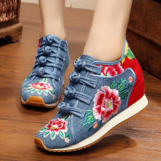 Sepatu Kain Wanita Sol Tendon Hak Wedge Bordiran Gaya Etnik (Kupu-Kupu Merah) Sepatu Wanita Datar Sepatu