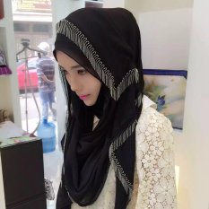 Sorban Syal Scarf Fringed Logam Wanita Hui Gaya Rakyat Cover Warna Hitam-Intl