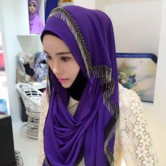 Sorban Syal Scarf Fringed Logam Wanita Hui Gaya Rakyat Cover Warna Ungu-Intl
