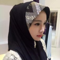 Turban Sequin Lengan Kepala Wanita Musim Panas Scarf Hui Gaya Rakyat Warna-warni Jilbab Hitam-Intl