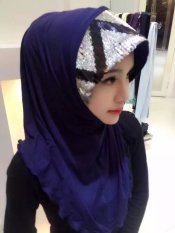 Turban Sequin Lengan Kepala Wanita Musim Panas Scarf Hui Gaya Rakyat Warna-warni Jilbab Biru-Intl