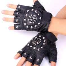 U7 Punk Cross Kulit Mitten Sarung Tangan Platinum Plated (Hitam)