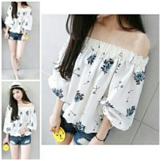 Baju Wanita Shop Baju Blouse Sabrina Top Atasan Wanita Bunga / off The Shoulder / Baju Sepundak / Sabrina 3/4 Santai kasual Flower (sero) NR - Putih Biru D2C