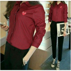UC Kemeja Kotak Asli Love Bordir / Kemeja Long Hem Wanita Slim Fit / Fit to L NV (wne rconga) - MERAH