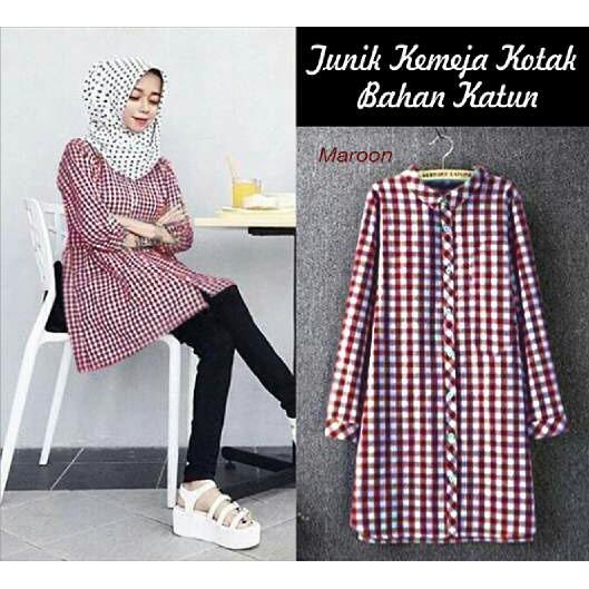 UC Kemeja Tunik Wanita Lengan Panjang Muslim JUNI - Hitam, Maroon, Biru ( Tanpa Pasmina) / Baju Atasan Muslimah / Kemeja Kerja Wanita / Baju Muslim Wanita / Kemeja Casual Wanita / Atasan Wanita / Tunik Murah / Tunik Kotak NR (nixju) D2C