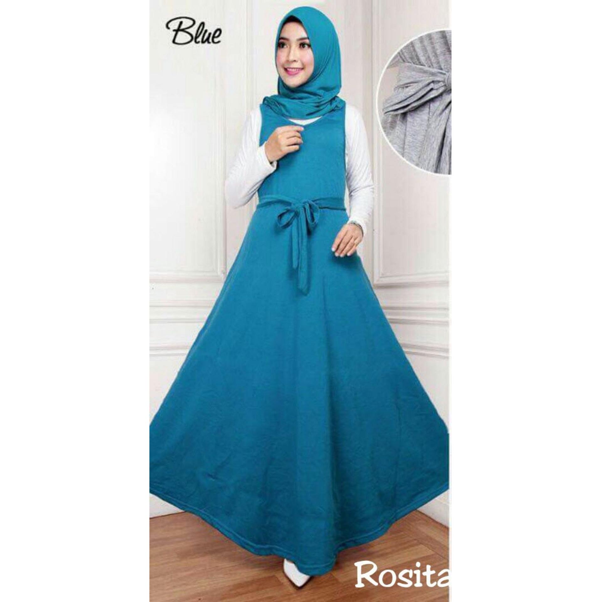 UC Dress Muslim 2 In 1 Rosi / Gamis Remaja Fashion Maxi / Syari Simple Elegant / Baju Muslim Wanita (Sitaro) SS - Biru D2C