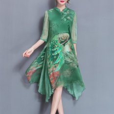UEBUY Retro Berdiri Kerah A-line Floral Gaun Maksi Sifon Warna Hijau-Intl