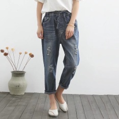 Longgar Musim Panas Perempuan Bagian Tipis Ikat Elastis Celana 3/4 Celana Jeans Sobek (Lubang Pantyhose)