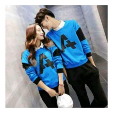 Baju Wanita Shop Kaos Couple Lengan Panjang Letter A / Kaos Oblong / Sweater Couple CP A / T-shirt Pasangan / Pakaian Kembar / Kaos Pria Wanita 2L - Biru D3C