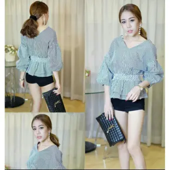 UC Blouse Wanita Smok V Strip / Blouse Cewek / Shirt Wanita / Blouse Korean Style