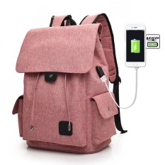 Unisex Kanvas Kapasitas Besar Tas Sekolah Modis Travel Outdoor Backpack dengan USB Eksternal Warna: Pink-Intl