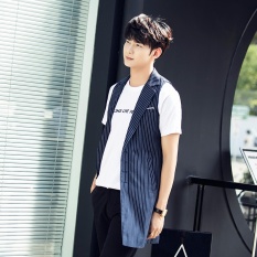 Unisex Biru Tua Pinstripe Vest Rompi untuk Pasangan Wanita Laki-laki Panjang Slim Tanpa Lengan Rompi Jaket-Intl