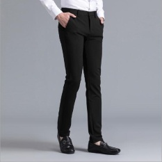 UP Men's Elastisitas Perapi Celana Kantor Bisnis Hitam-Intl