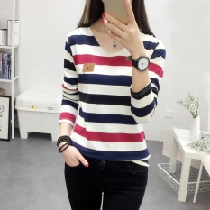 Kaos Oblong Wanita Lengan Panjang Garis-Garis Versi Korea (197 (biru dan merah bergaris) kerah tidak penangkap) (197 (biru dan merah bergaris) kerah tidak penangkap)