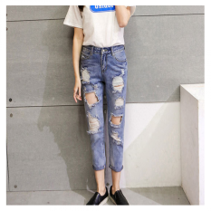 UR Women's High Waisted Lubang Di jeans Biru-Intl