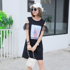 Usaha Korea Modis Gaya Baru Perempuan Kaos Terusan (Hitam)
