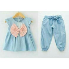 vallerie - atasan + celana denim pita pink bahan katun denim fit utk anak umur 2-3thn tergantung postur tubuh anak