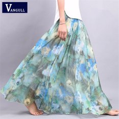 Vangull Summer New Fashion Vintage Bohemia Sifon Motif Bunga Wanita BoHo Lantai-panjang Gaun Maxi Panjang Pantai Pesta Longgar Flare Rok (Sky Blue) -Intl