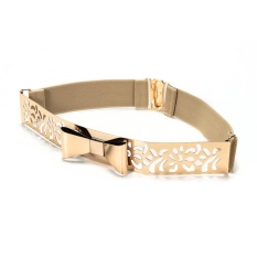 VEECOME Women Fashion Gold Metal Keeper Metallic Big Mirror Bow Wide Obi Belts (Fretwork Beige) - intl