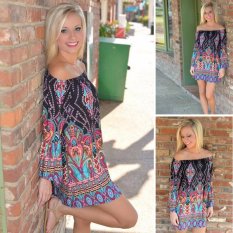 Venflon Gaun Muslim Vintage BoHo Pola dari Bahu Lengan Panjang Gaun Mini Baju Kurung Beach Short Dress (Ungu) -Intl