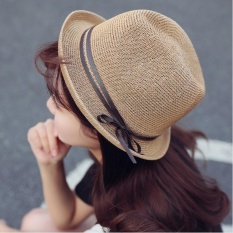 Venflon Gaun Straw Hat Lembut Fedora Panama Topi Street Outdoor Stingy Brim Caps Tangan Rajutan Pantai Bowknot Sun Visor Hat (Kopi Ringan) -Intl