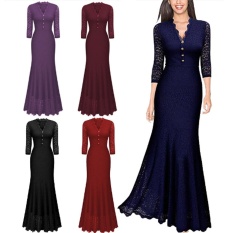 Venflon Wanita Elegan Renda Bunga Berongga Keluar Gaun Putri Duyung Panjang Lipit Pernikahan Pengiring Pengantin Gaun Maxi (Ungu)-Intl