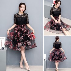 Venflon Gaun Korea Lace Floral Hollow Out Pinggang Tinggi Swing Dress Office Pesta Malam Gaun Line Formal Dress- INTL